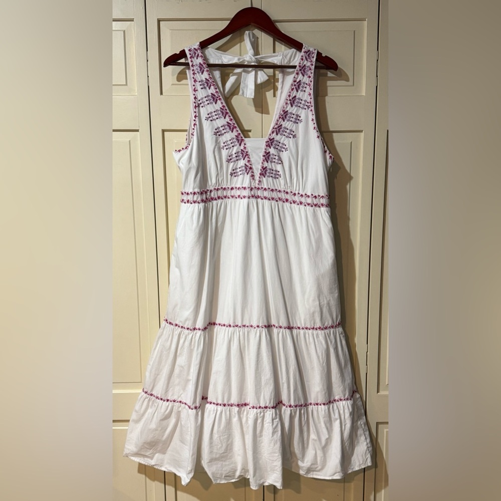 Anthropologie White Sleeveless Dress with Pink Embroidery